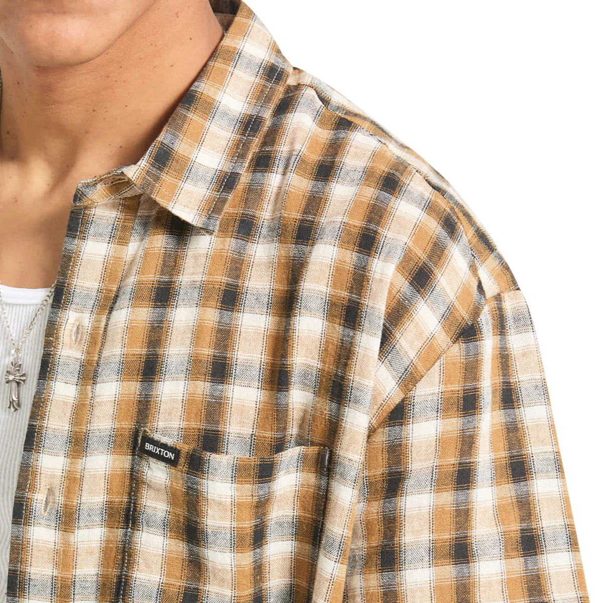 Brixton Cru Linen Blend Plaid Shirt - Black/Tobacco Plaid - Image 4