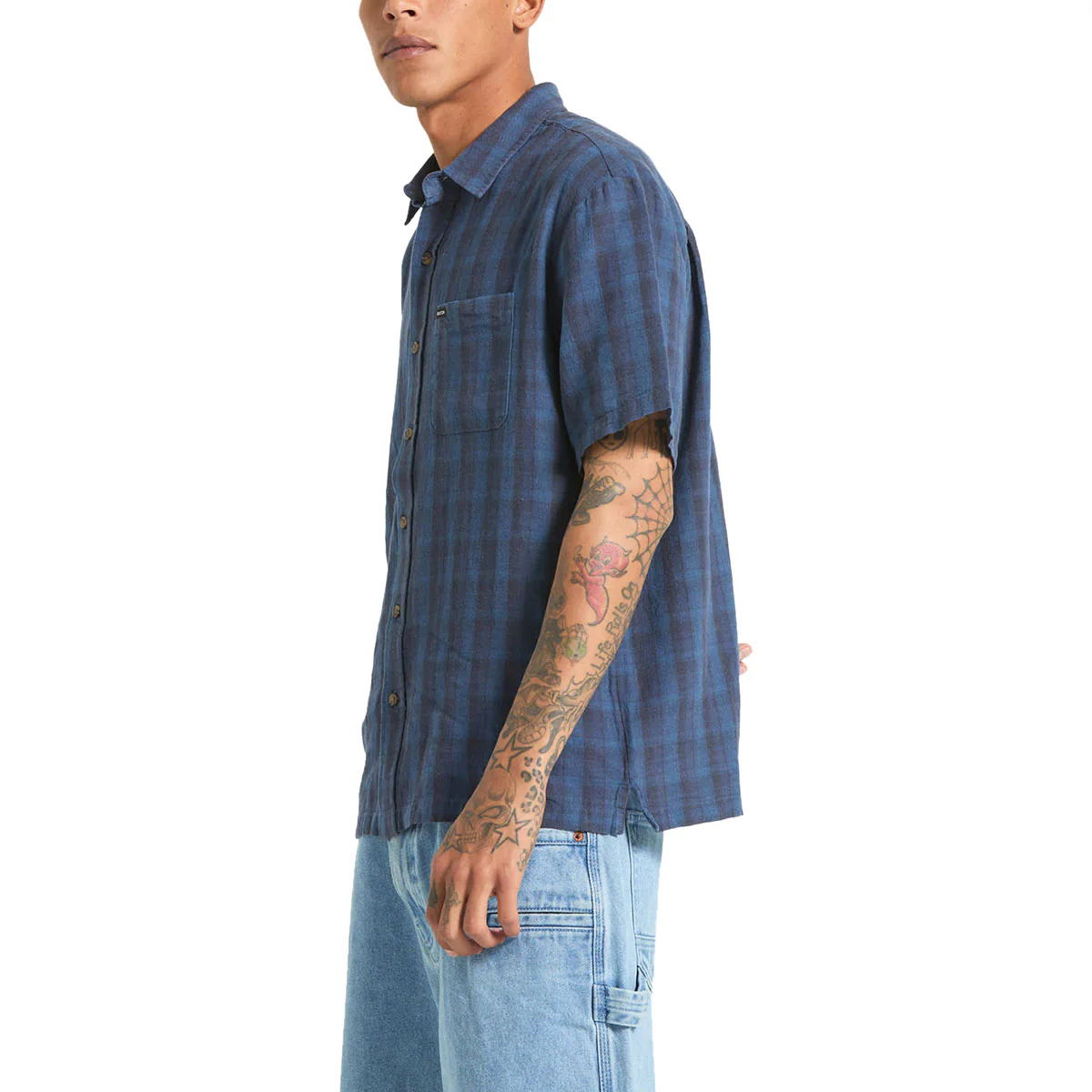 Brixton Cru Linen Blend Plaid Shirt - Dark Blue/Black Plaid - Image 4