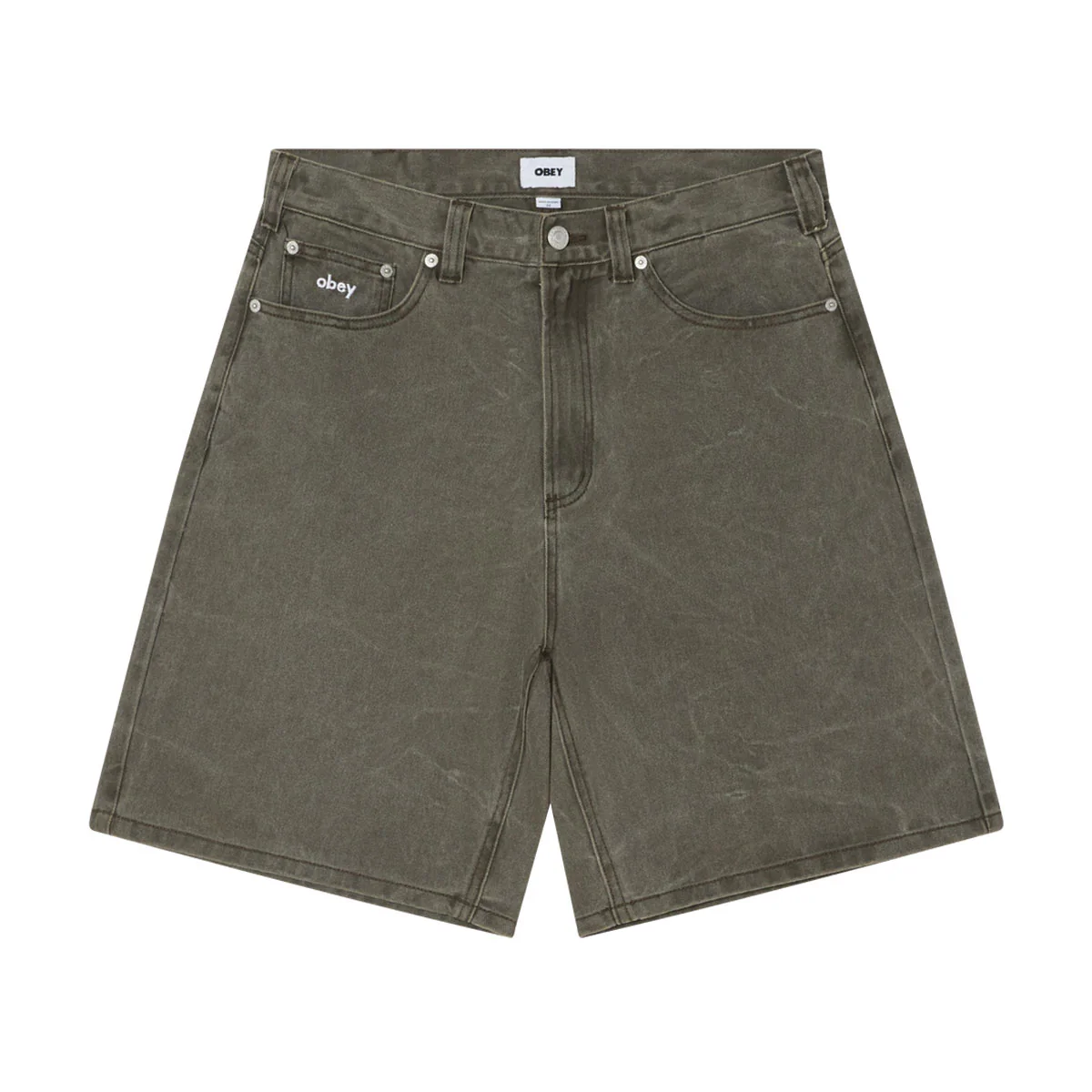 Obey Bigwig Baggy Denim Shorts - Black Olive Wrinkle Wash