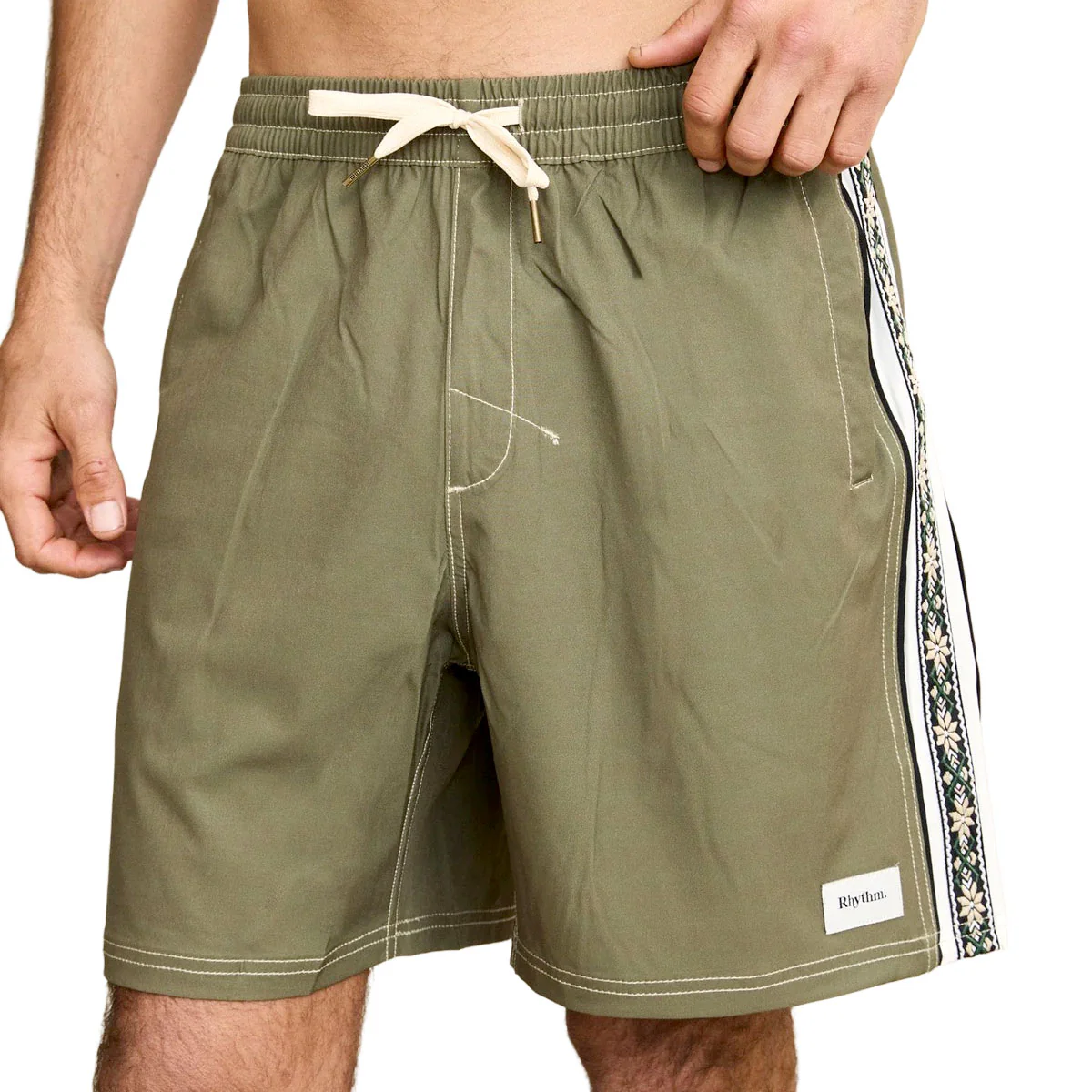 Rhythm Panel Stripe Beach Shorts - Olive - Image 2